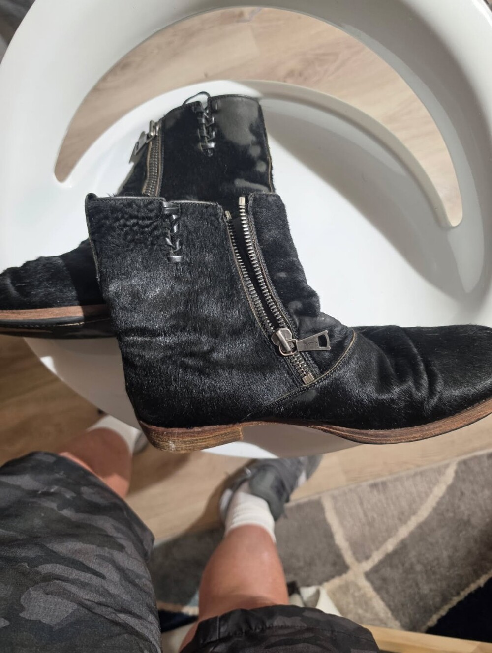 John Varvatos Pony Hair Men's Black Zip-Up Leather Ankle Boots